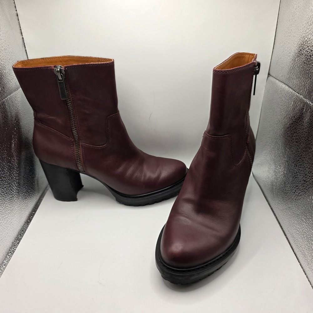 Lucky Brand Bajax Burgundy Leather Lug Sole Block Heel Ankle Boots Womens 9.5‎ M